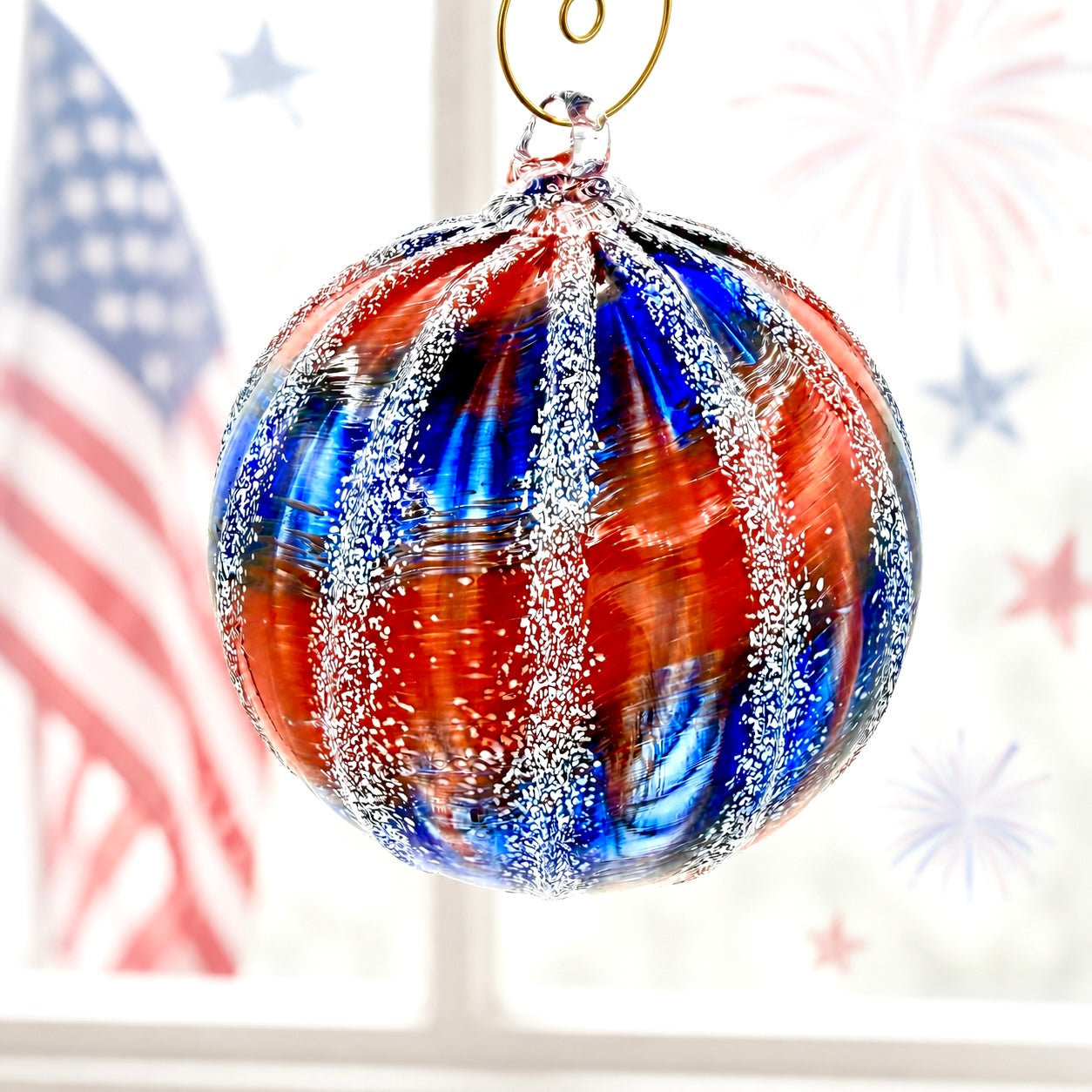 Hand Blown Patriotic Glass Ornament – Red White Blue Fourth of July Window Ornament – USA Americana Art Glass Suncatcher –