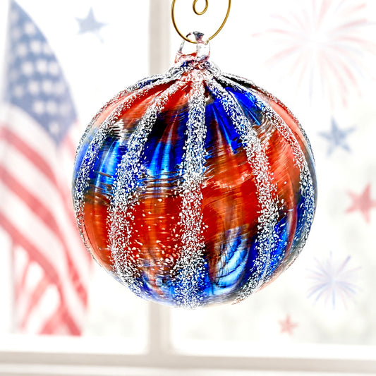 Hand Blown Patriotic Glass Ornament – Red White Blue Fourth of July Window Ornament – USA Americana Art Glass Suncatcher –