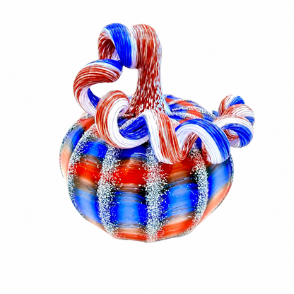 Deluxe Hand Blown Patriotic Glass Pumpkin Sculpture – USA 250th Anniversary Art Glass Pumpkin – Red White Blue Fourth of July Decor –