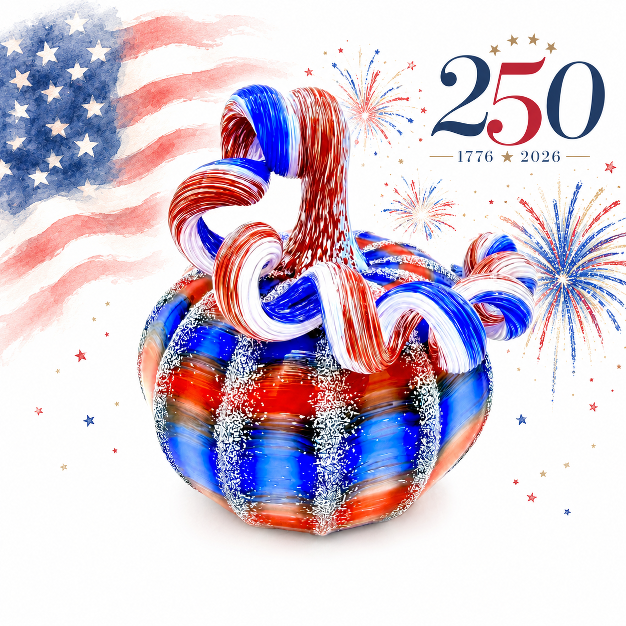 Deluxe Hand Blown Patriotic Glass Pumpkin Sculpture – USA 250th Anniversary Art Glass Pumpkin – Red White Blue Fourth of July Decor –