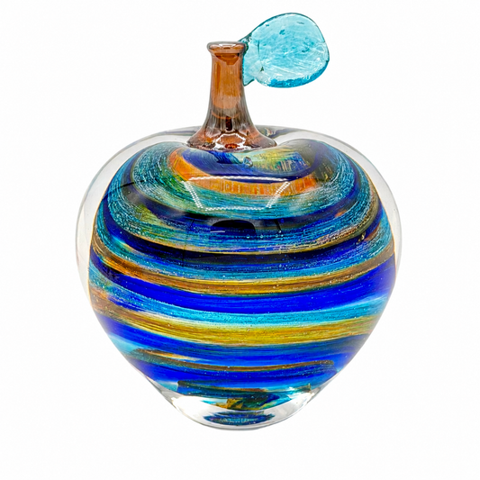 Caribbean Shores Hand Blown Glass Apple – Blue Aqua Amber Art Glass Sculpture – Coastal Beach Inspired Solid Glass Decor – Ocean Wave Paperweight