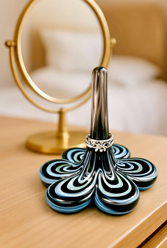 Black White Swirl Glass Ring Stand – Handmade Jewelry Organizer, Modern Ring Holder for Dresser