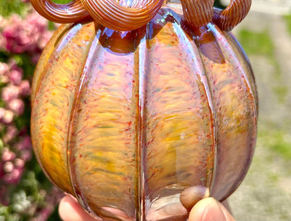 NEW DESIGN!!! BUTTERSCOTCH with Green Leaf Glass Pumpkin Gift and Centerpiece