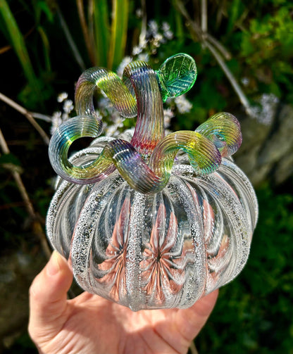 Crystal Rainbow Glass Pumpkin with Leaf Gift and Centerpiece 5 1/2"