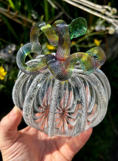 Crystal Rainbow Glass Pumpkin with Leaf Gift and Centerpiece 5 1/2"