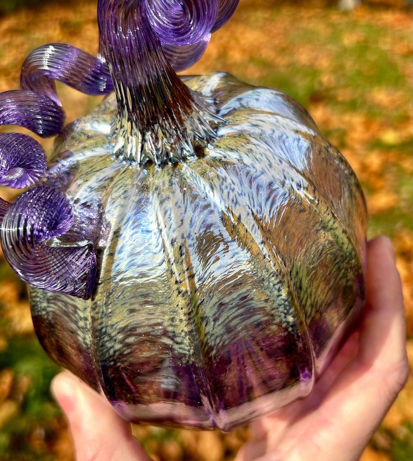 Amethyst Glass Pumpkin Gift and Centerpiece 6 1/2" With Signed Collector's Tag