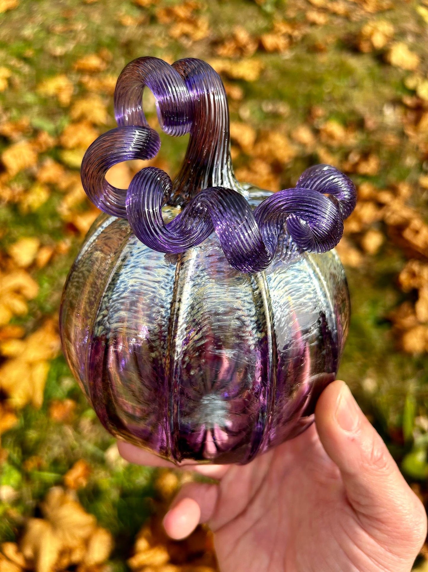 Amethyst Glass Pumpkin Gift and Centerpiece 6 1/2" With Signed Collector's Tag