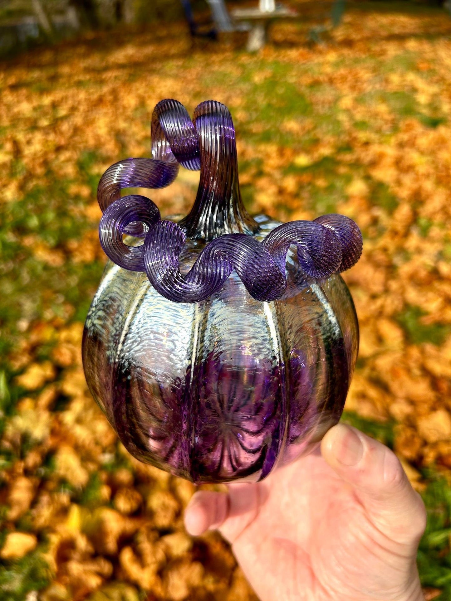 Amethyst Glass Pumpkin Gift and Centerpiece 6 1/2" With Signed Collector's Tag