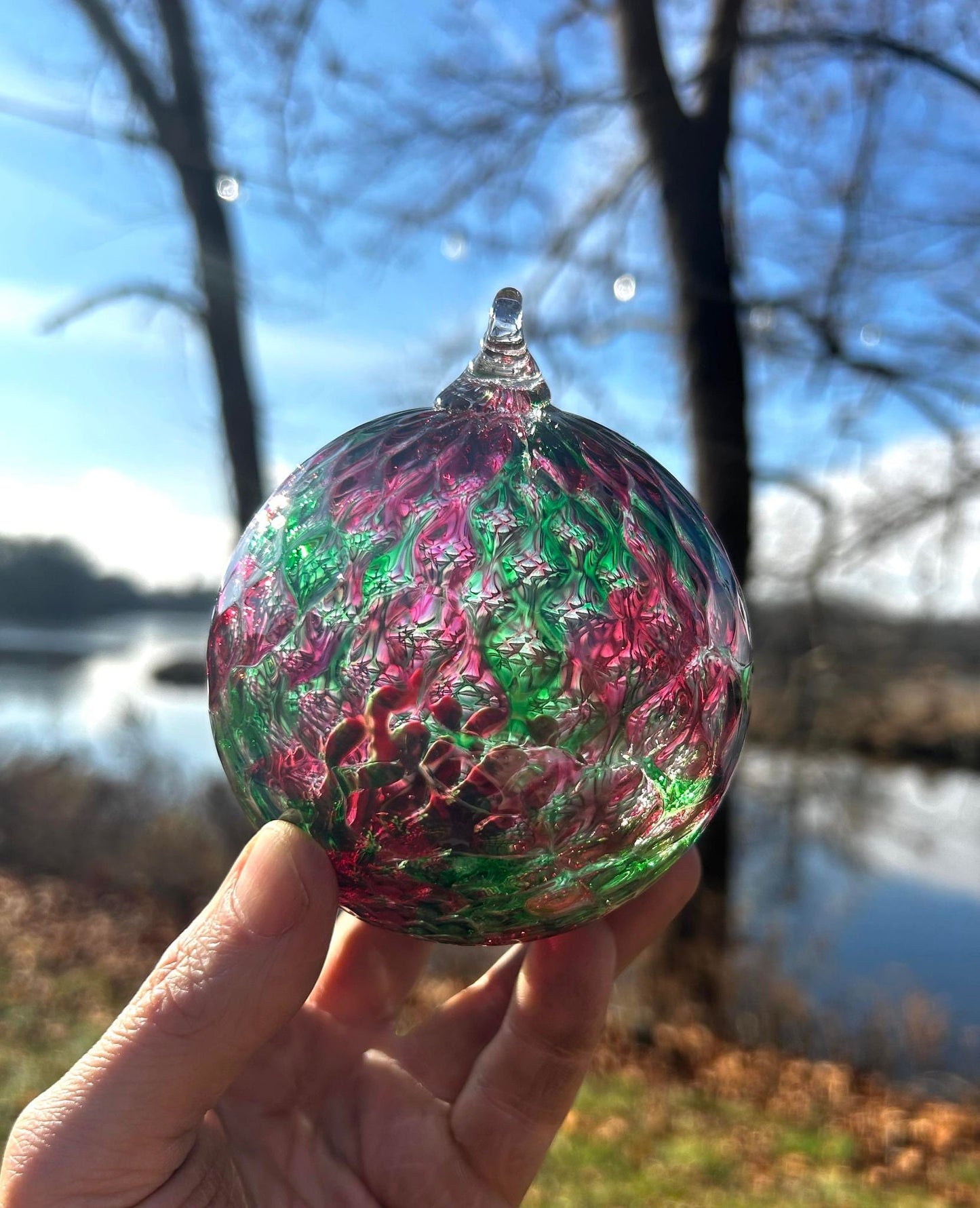 NEW! 4" Pineapple Texture Glass Christmas Ornament with 1 Golden Shepherd's Hooks and 1 Storage Box