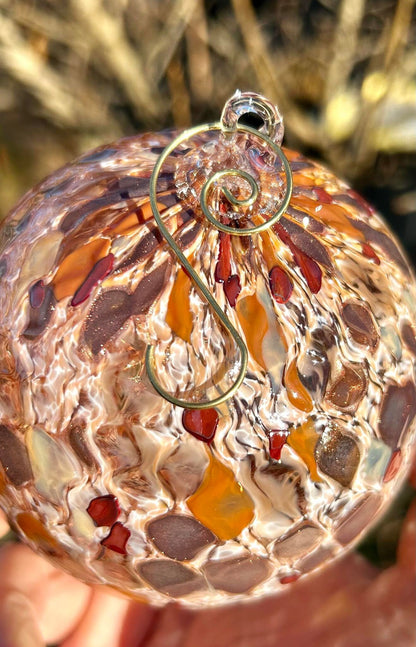 Peach Rosewood Pineapple Texture Glass Christmas 4" Ornament with 1 Golden Shepherd's Hooks and 1 Gift Box