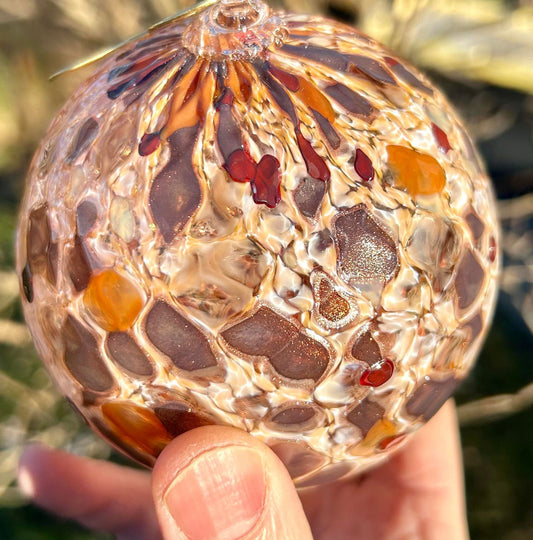 Peach Rosewood Pineapple Texture Glass Christmas 4" Ornament with 1 Golden Shepherd's Hooks and 1 Gift Box