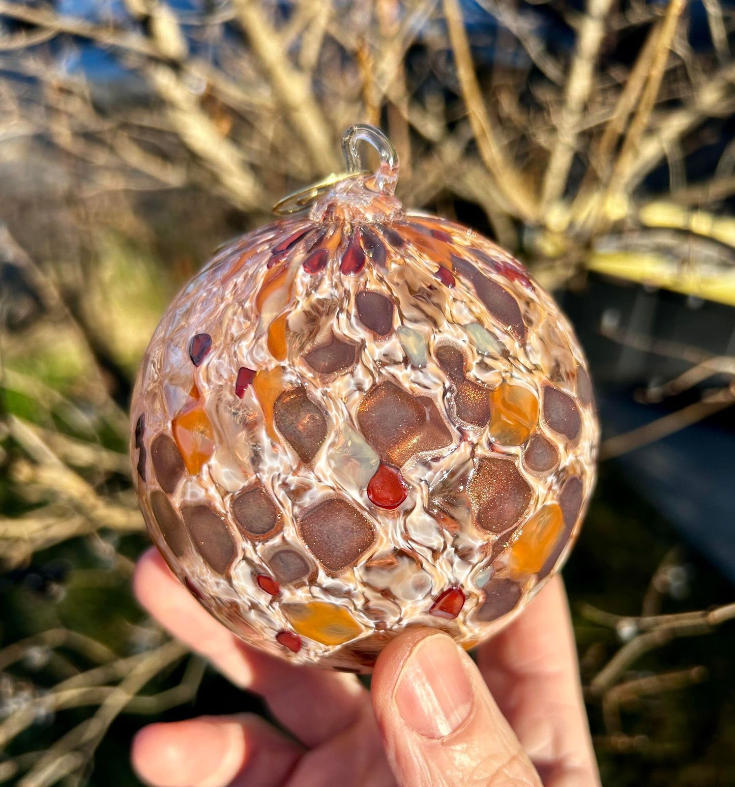 Peach Rosewood Pineapple Texture Glass Christmas 4" Ornament with 1 Golden Shepherd's Hooks and 1 Gift Box