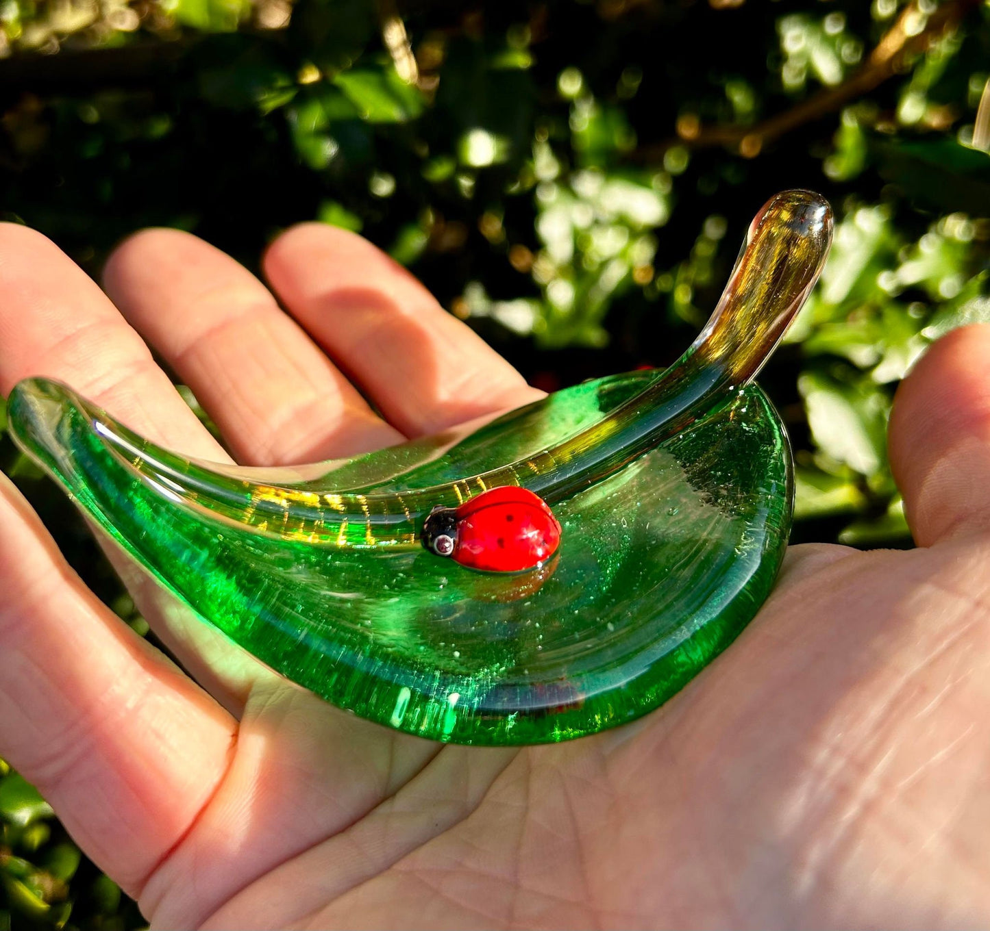 GOOD LUCK Glass Lady Bug On A Leaf - hand sculpted glass paperweight