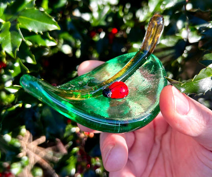 GOOD LUCK Glass Lady Bug On A Leaf - hand sculpted glass paperweight