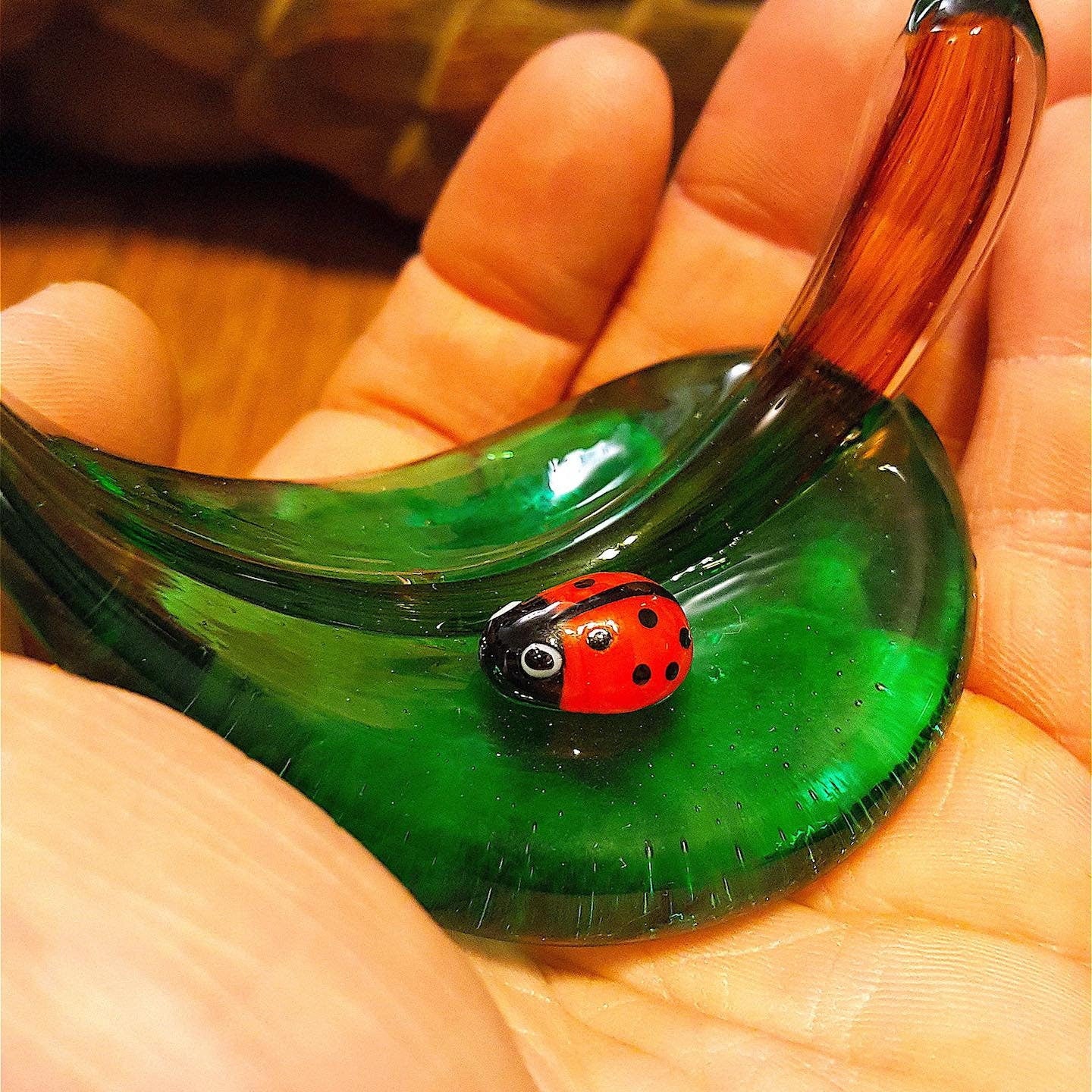 GOOD LUCK Glass Lady Bug On A Leaf - hand sculpted glass paperweight