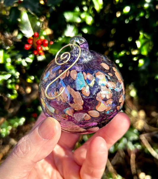 NEW! 3" Violet Golden Dichroic Glass Ornament comes with a golden shepherd's hook and clear gift box