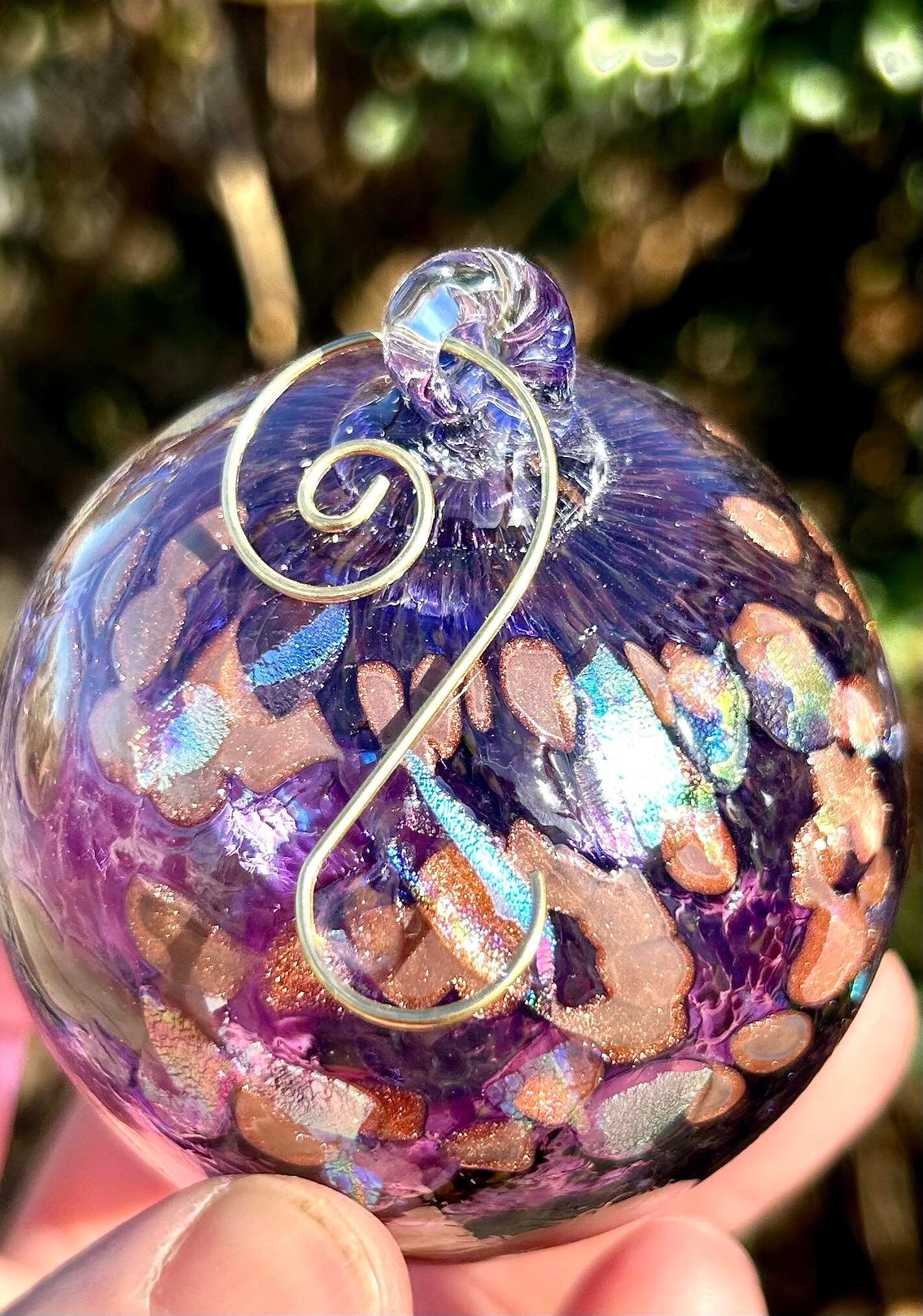 NEW! 3" Violet Golden Dichroic Glass Ornament comes with a golden shepherd's hook and clear gift box