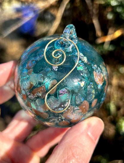 NEW! 3" Dichroic Aqua Glass Ornament comes with a golden shepherd's hook and clear gift box