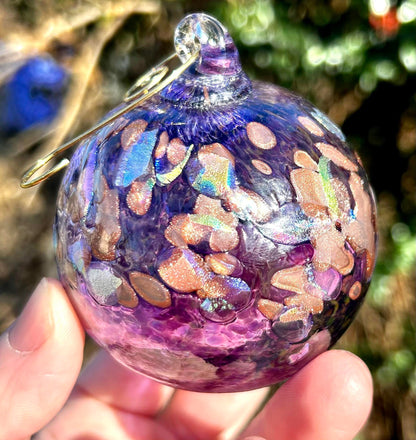 NEW! 3" Violet Golden Dichroic Glass Ornament comes with a golden shepherd's hook and clear gift box