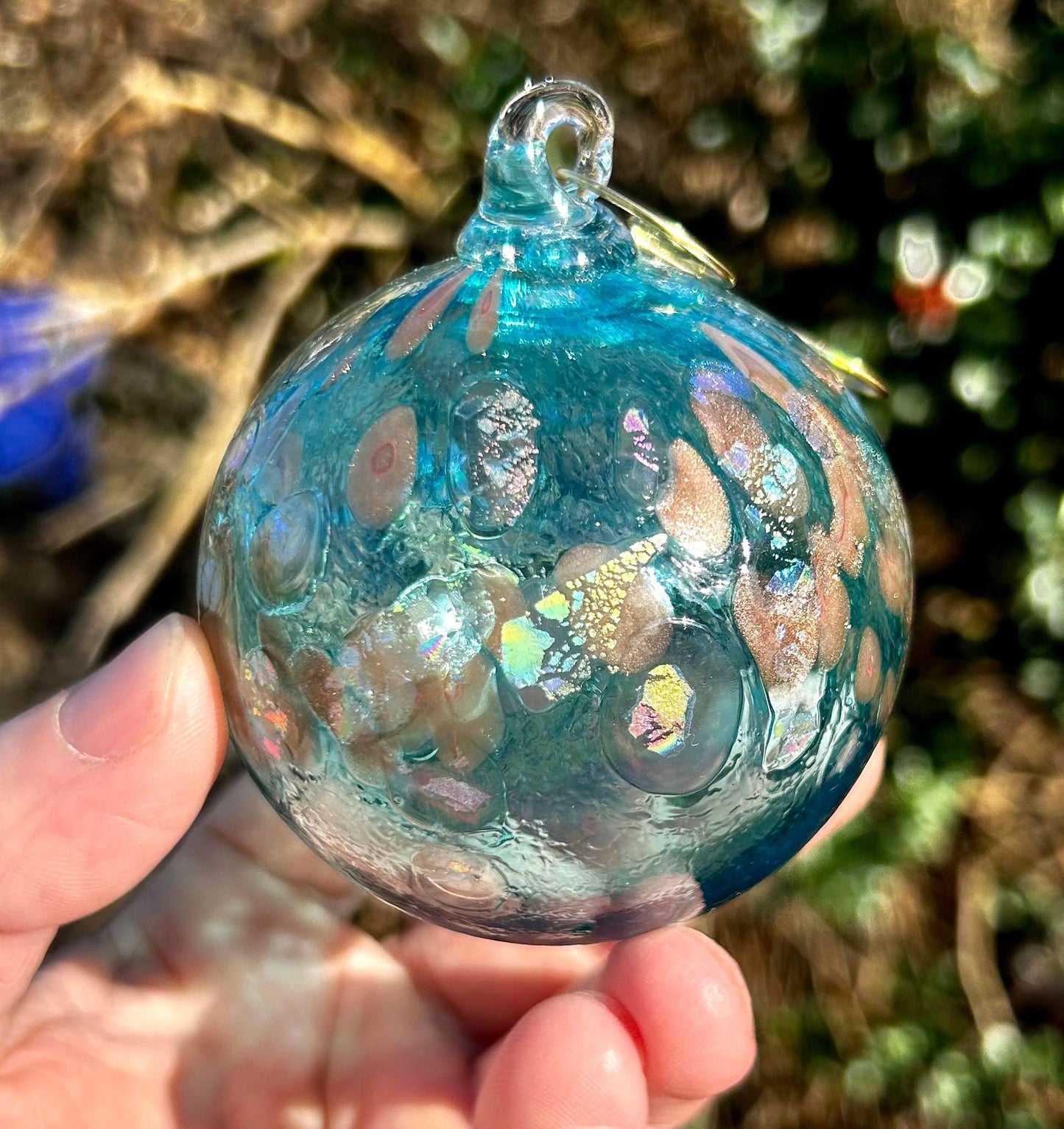 NEW! 3" Dichroic Aqua Glass Ornament comes with a golden shepherd's hook and clear gift box