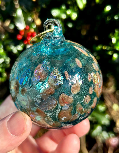 NEW! 3" Dichroic Aqua Glass Ornament comes with a golden shepherd's hook and clear gift box