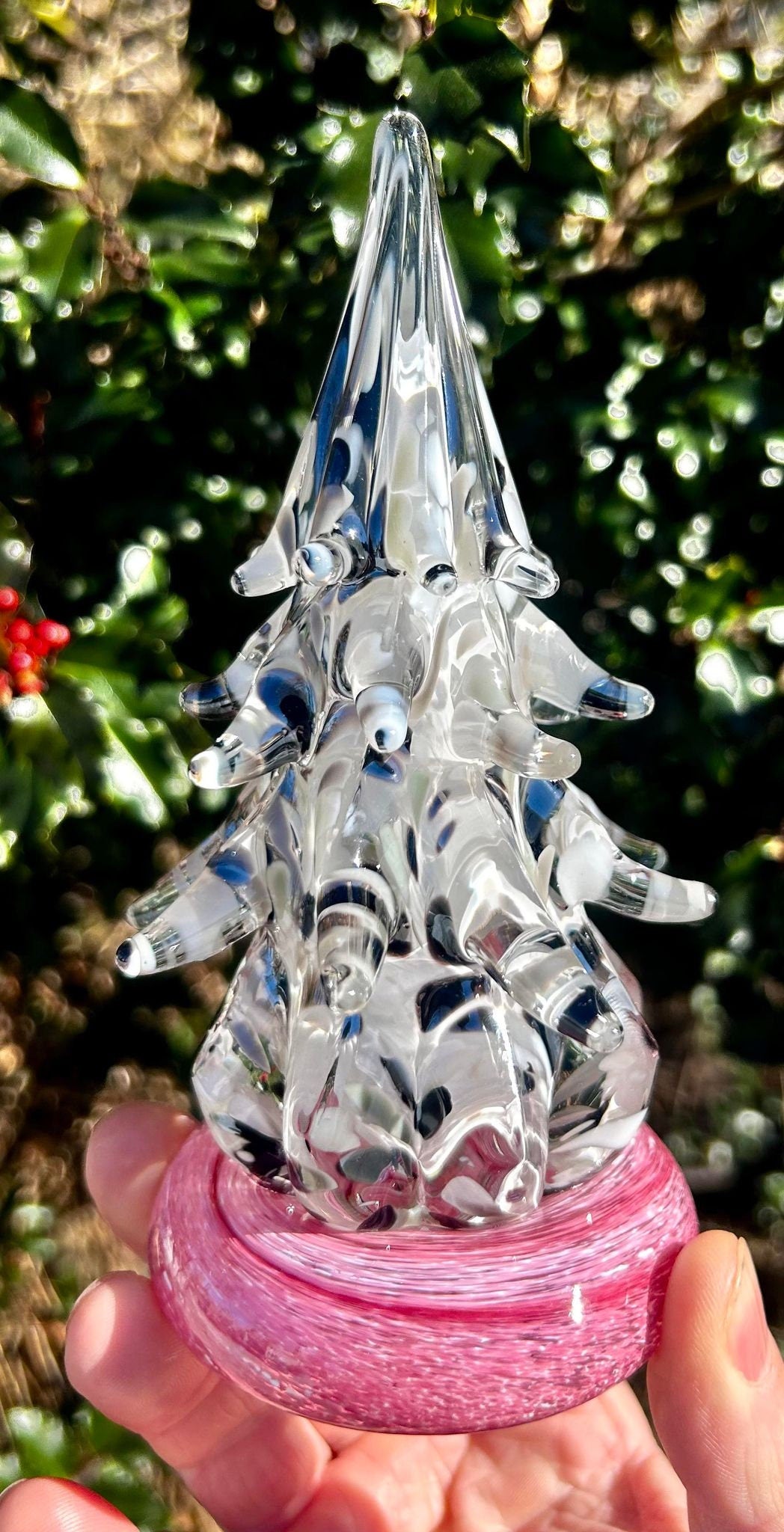 Little Pink Pigeon Glass Christmas Tree (signed by artist!) 6 1/2"