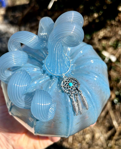 Blue Satin with a Dreamcatcher Glass Pumpkin Gift and Centerpiece