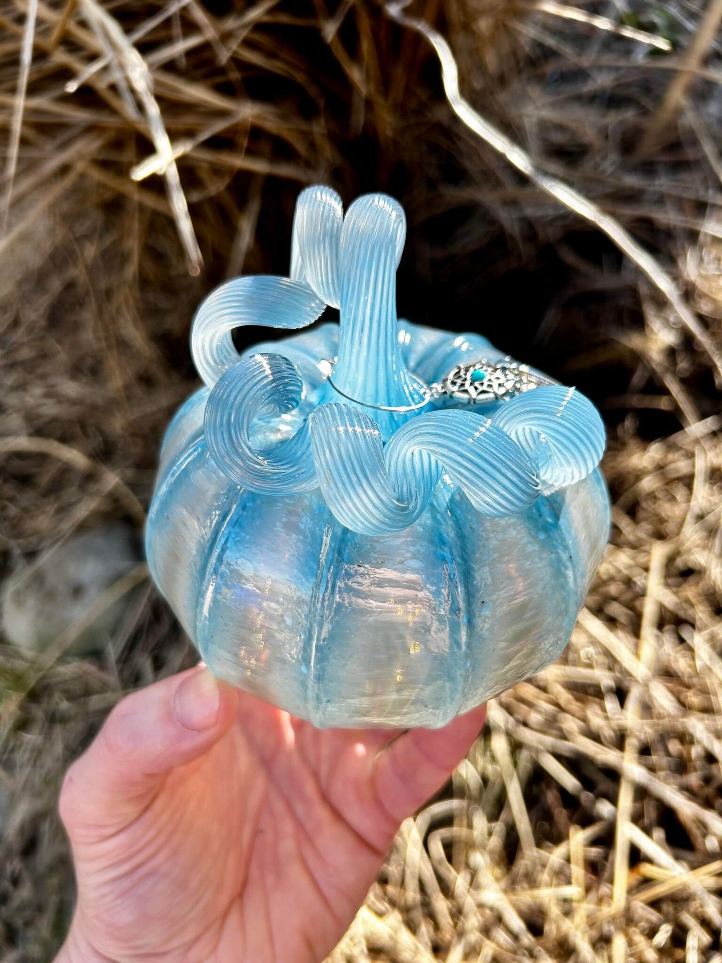 Blue Satin with a Dreamcatcher Glass Pumpkin Gift and Centerpiece