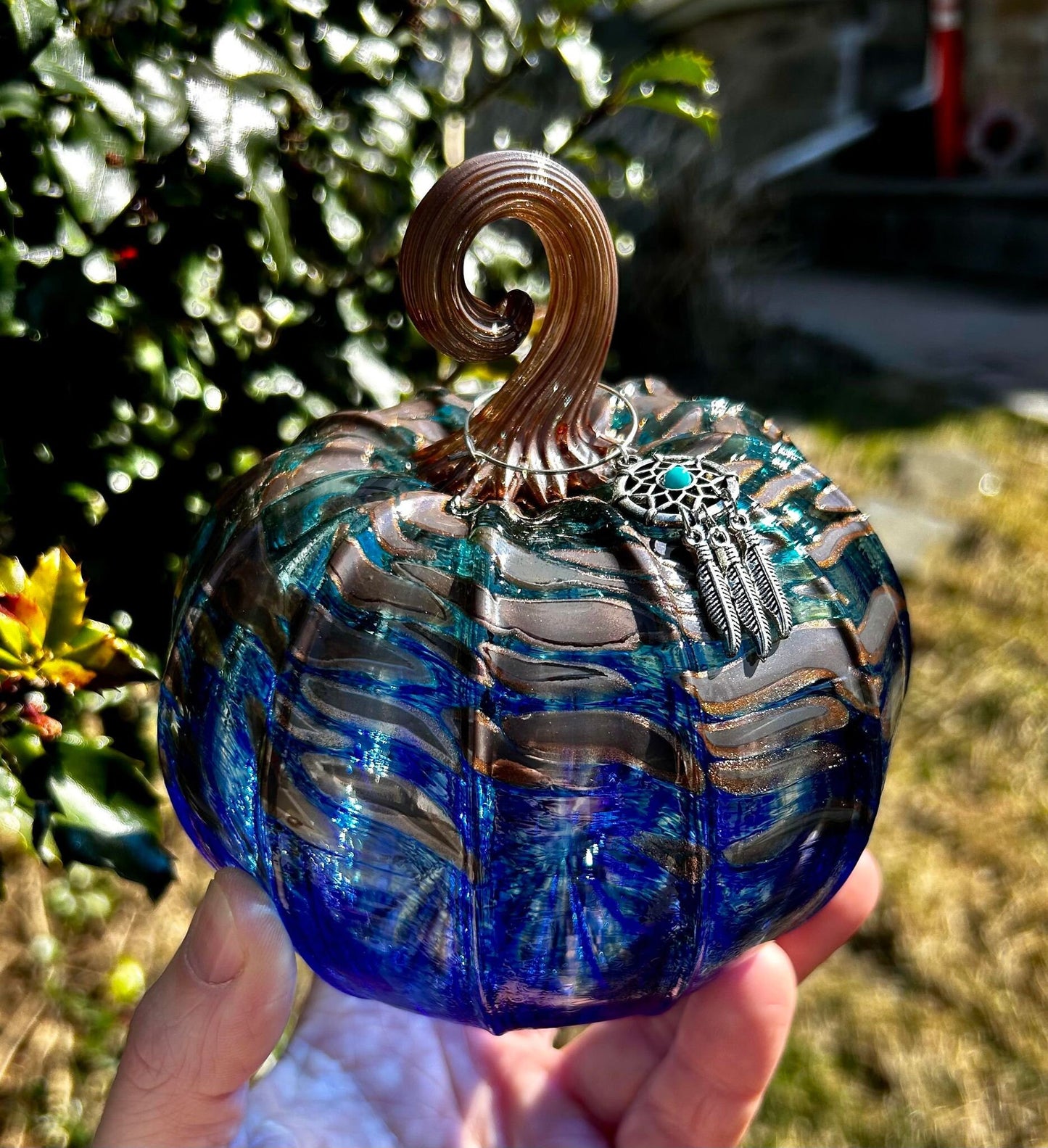 Cobalt Curlyque with Dreamcatcher Glass Pumpkin Gift and Centerpiece