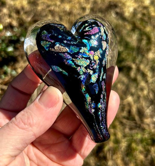 Black Rainbow Dichroic Glass Heart with Black Velvet Gift Pouch 3 3/4"