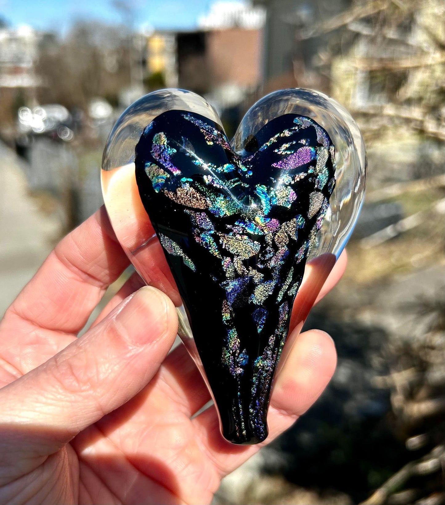 Black Rainbow Dichroic Glass Heart with Black Velvet Gift Pouch 3 3/4"