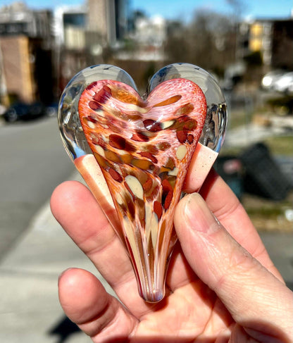 Peach Rosewood Glass Heart with Black Velvet Gift Pouch 2 3/4"