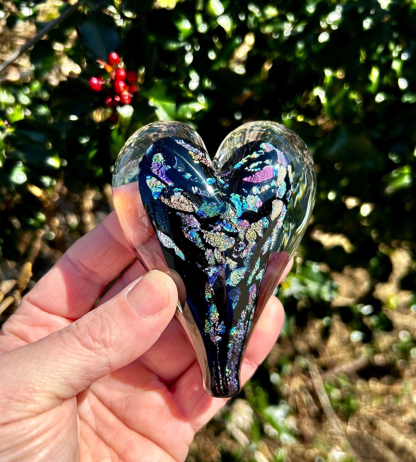 Black Rainbow Dichroic Glass Heart with Black Velvet Gift Pouch 3 3/4"