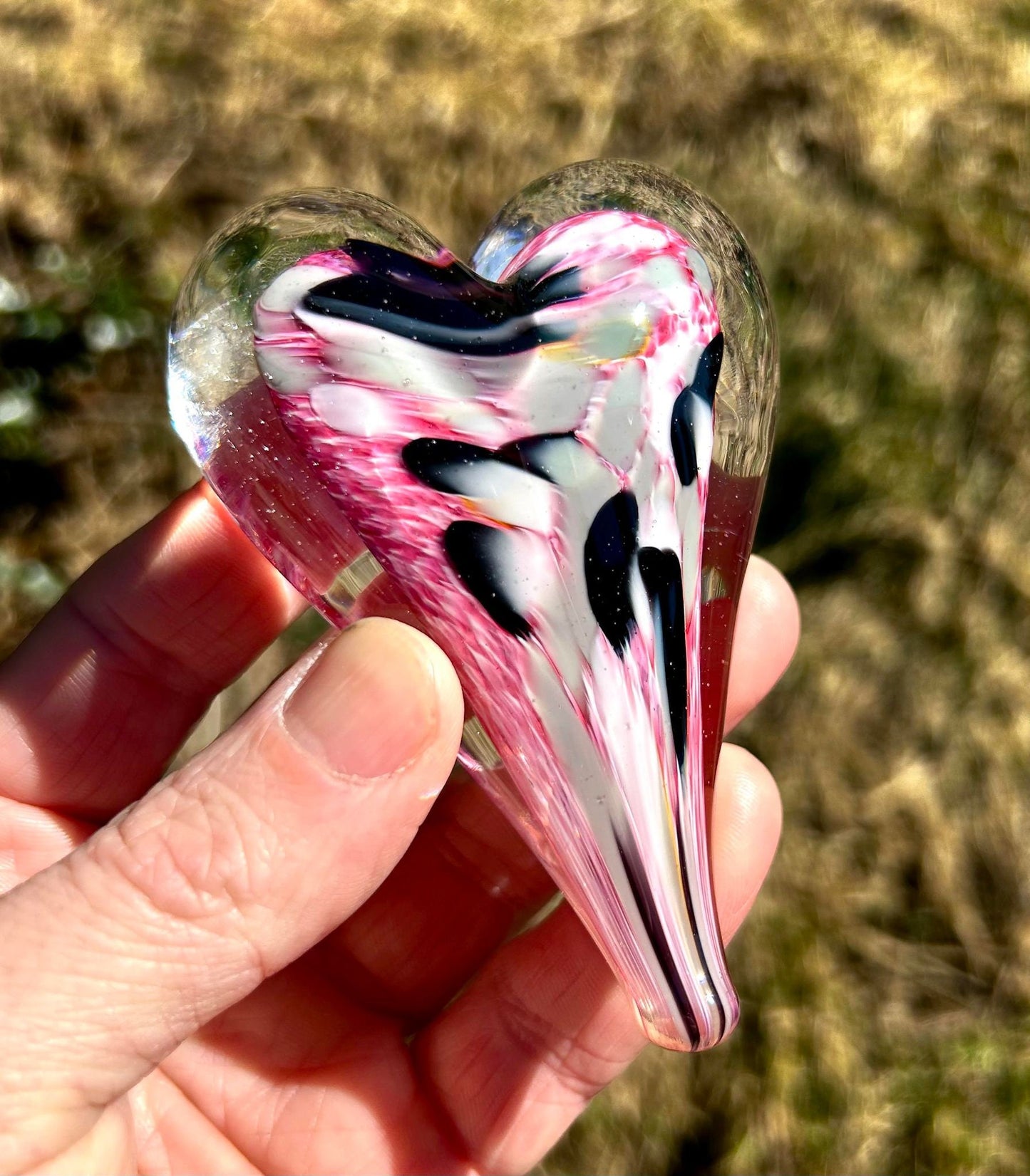 Little Pink Pigeon Glass Heart with Black Velvet Gift Pouch 3 3/4"