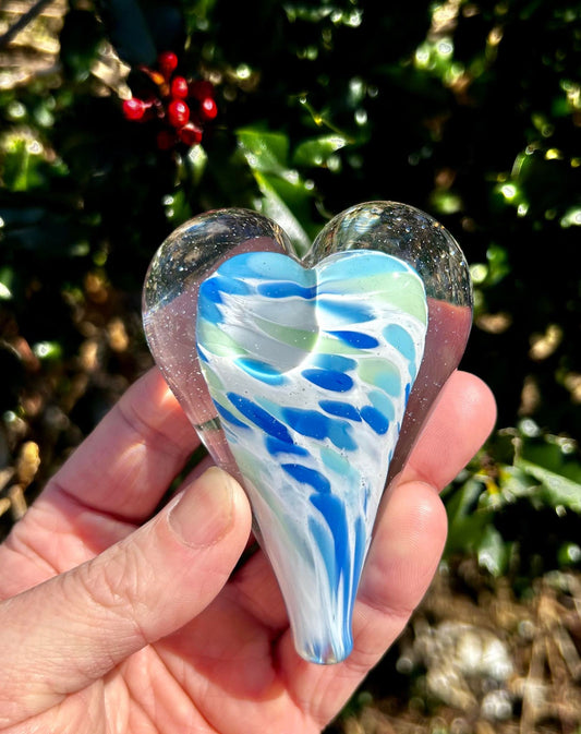 OceanSide Glass Heart with Black Velvet Gift Pouch 3 3/4"