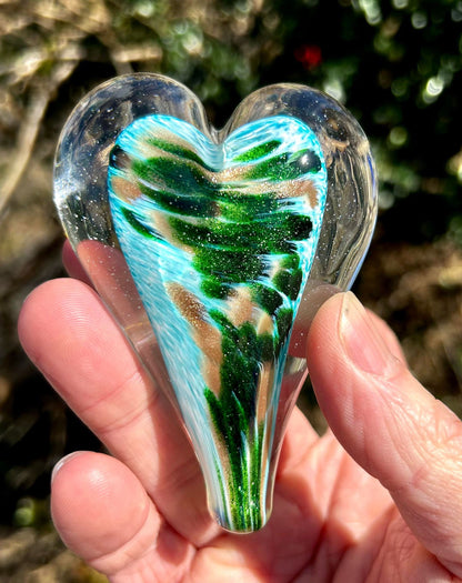 Shallow Waters Glass Heart with Black Velvet Gift Pouch 3 3/4"