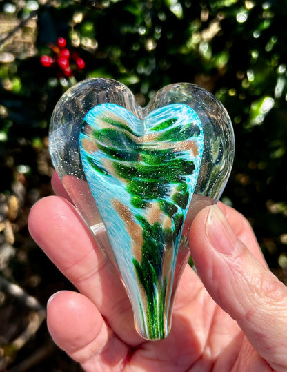 Shallow Waters Glass Heart with Black Velvet Gift Pouch 3 3/4"