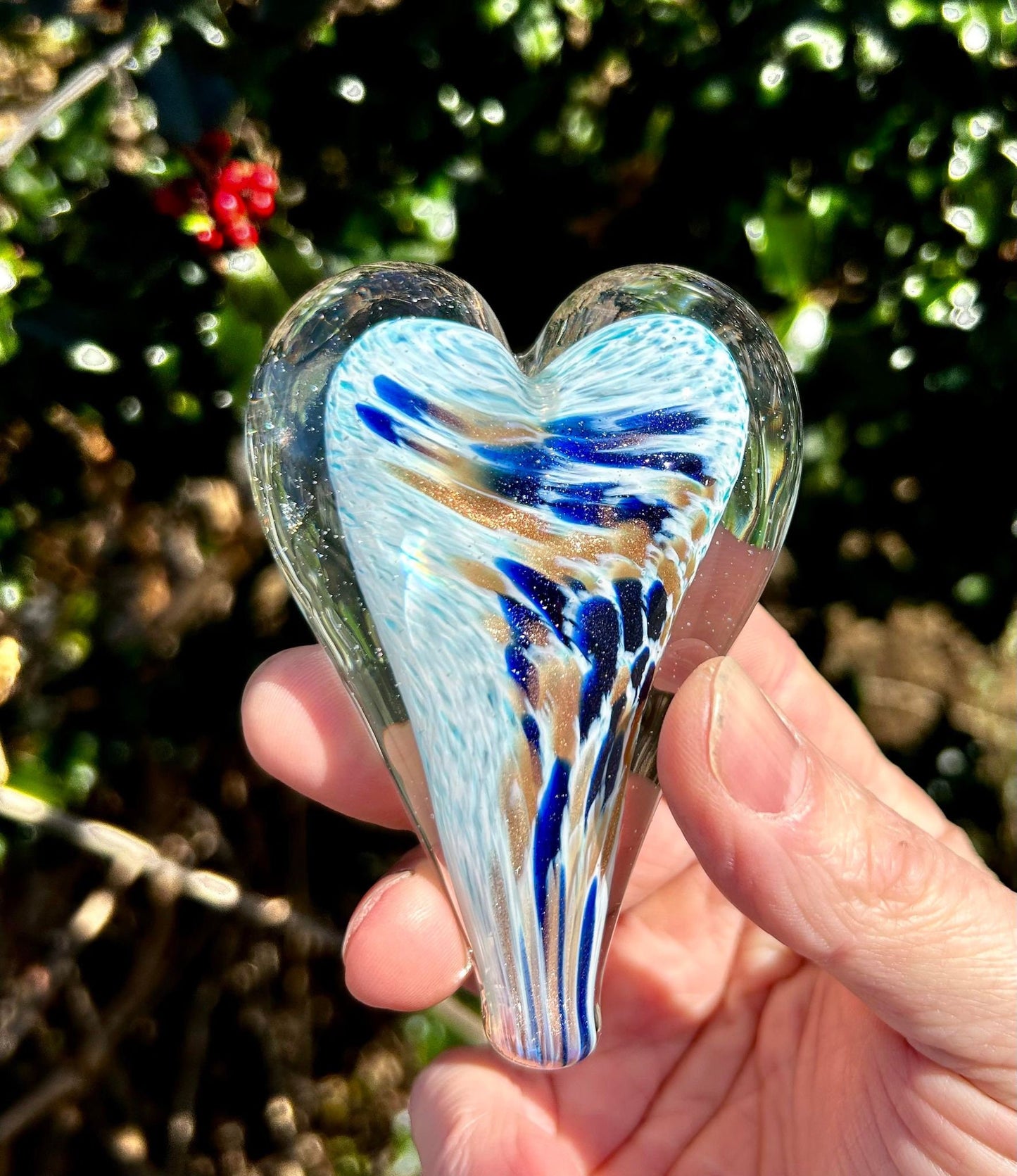 Golden Cobalt Glass Heart with Black Velvet Gift Pouch 3 3/4"