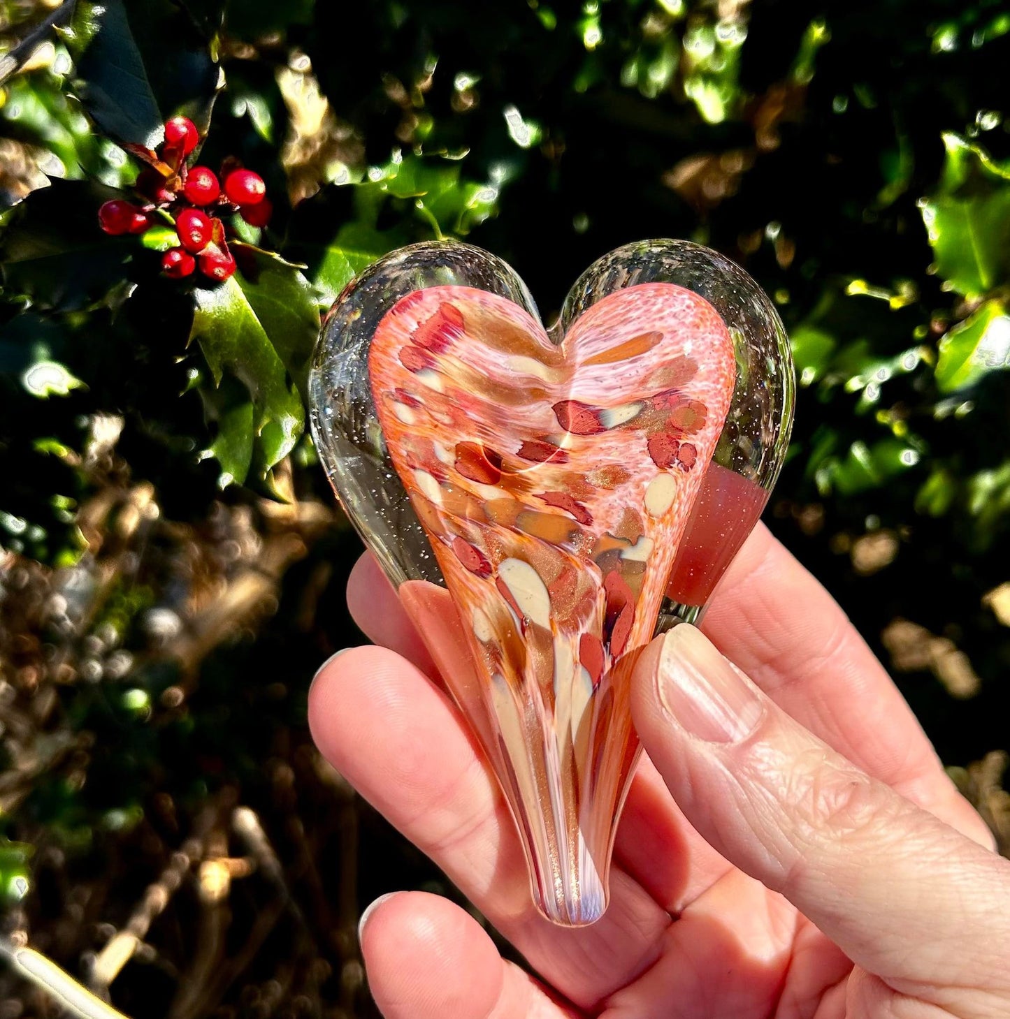 Peach Rosewood Glass Heart with Black Velvet Gift Pouch 2 3/4"