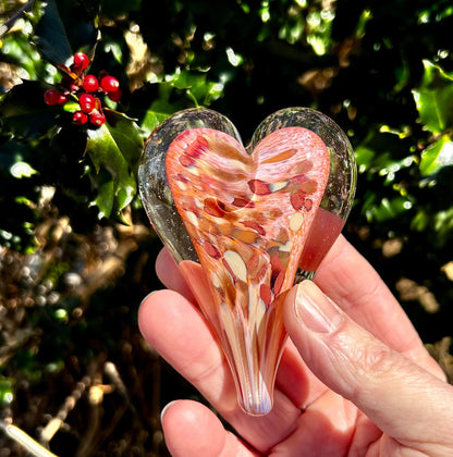 Peach Rosewood Glass Heart with Black Velvet Gift Pouch 2 3/4"