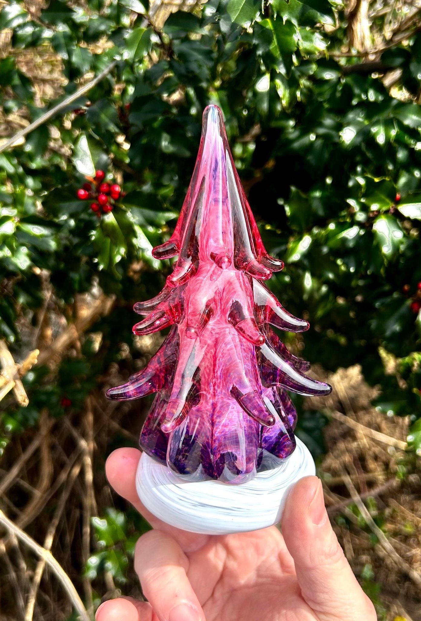 Small Ruby Violet Fade Ombre Glass Tree (signed by artist!)  6 1/2"