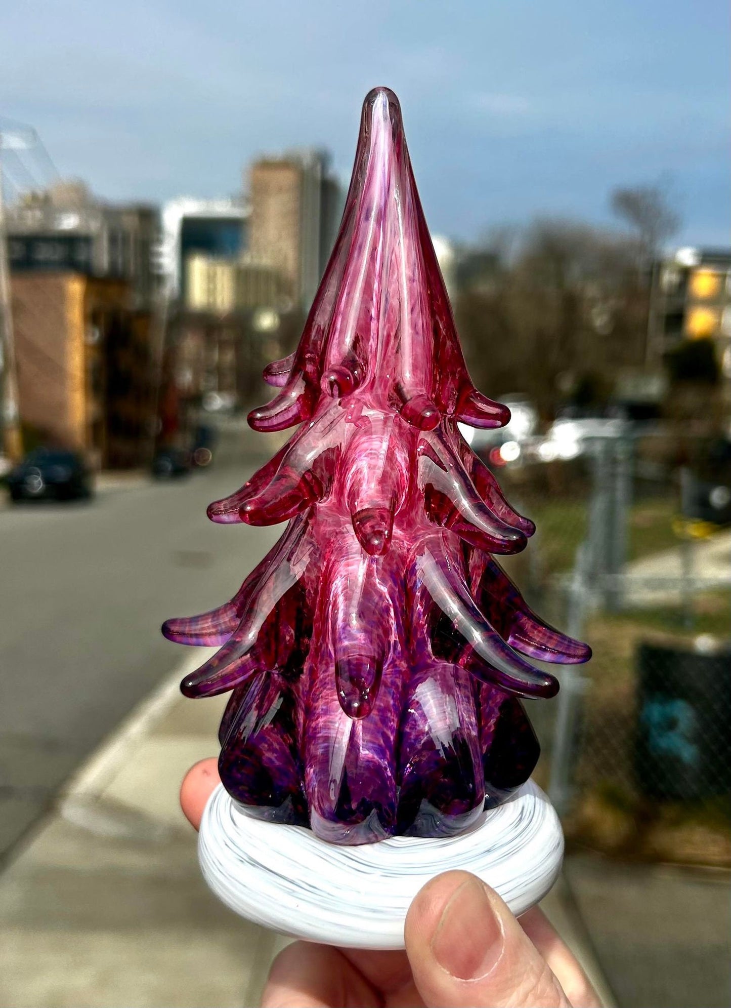 Small Ruby Violet Fade Ombre Glass Tree (signed by artist!)  6 1/2"