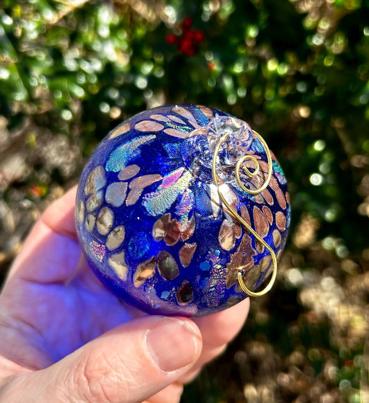 Golden Cobalt Dichroic Glass 3" Ornament comes with a golden shepherd's hook and clear gift box