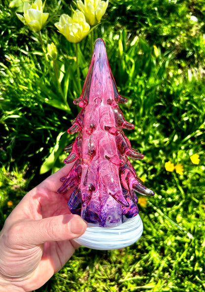 Large Ruby Violet Fade Ombre Glass Tree (signed by artist!)  7 1/2"