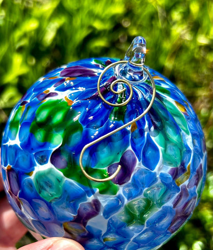 NEW! Cobalt Aurora Pineapple Texture Glass 4" Ornament with 1 Golden Shepherd's Hooks and 1 Storage Box