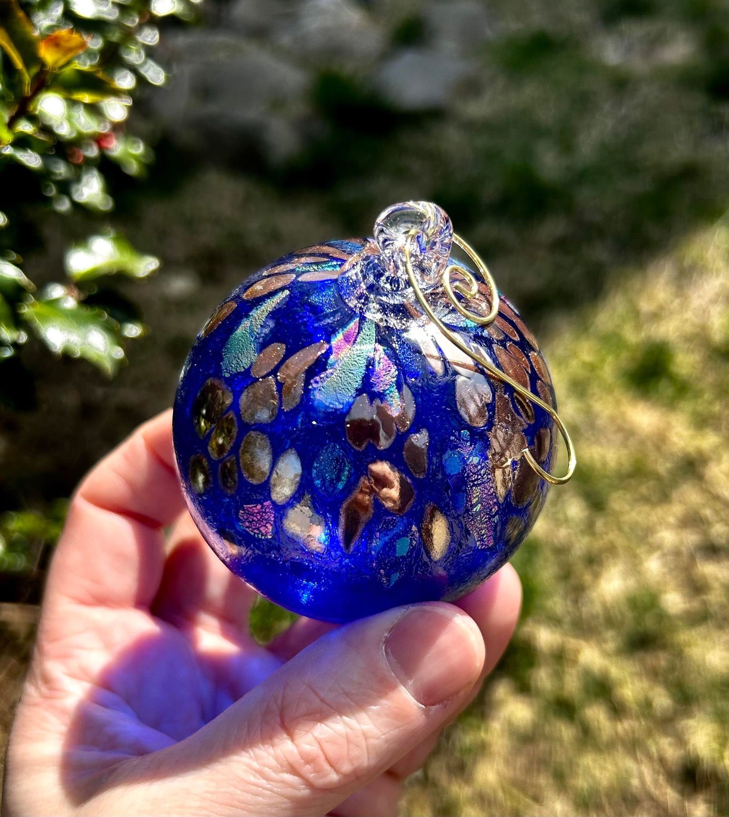 Golden Cobalt Dichroic Glass 3" Ornament comes with a golden shepherd's hook and clear gift box