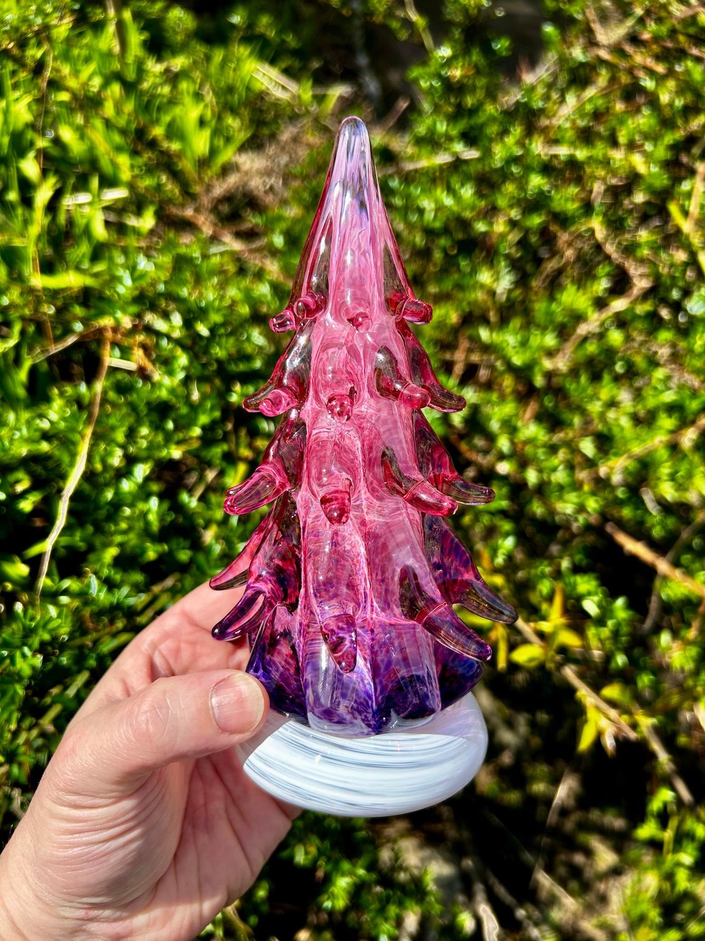 Large Ruby Violet Fade Ombre Glass Tree (signed by artist!)  7 1/2"