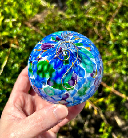 NEW! Cobalt Aurora Pineapple Texture Glass 4" Ornament with 1 Golden Shepherd's Hooks and 1 Storage Box