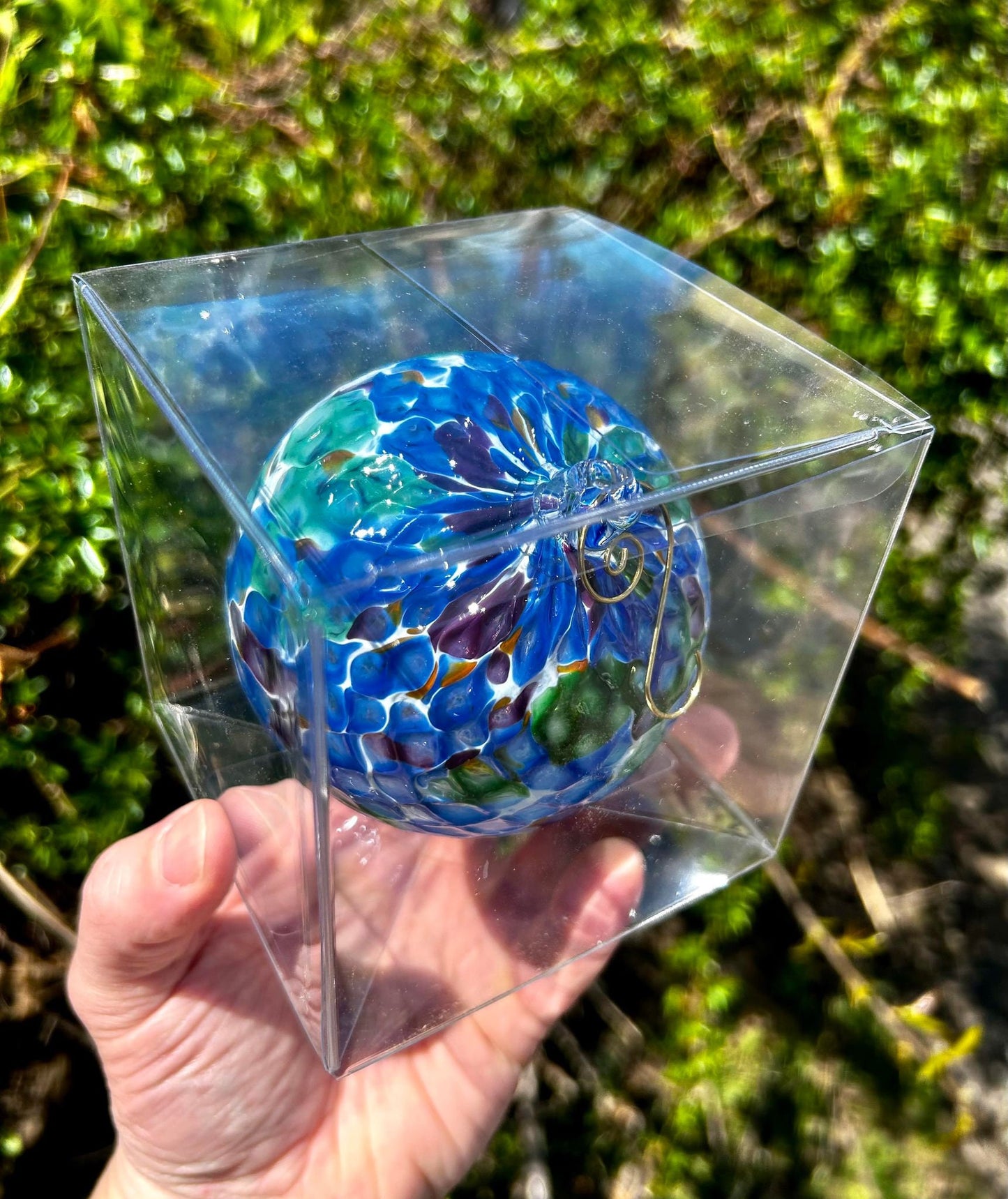 NEW! Cobalt Aurora Pineapple Texture Glass 4" Ornament with 1 Golden Shepherd's Hooks and 1 Storage Box