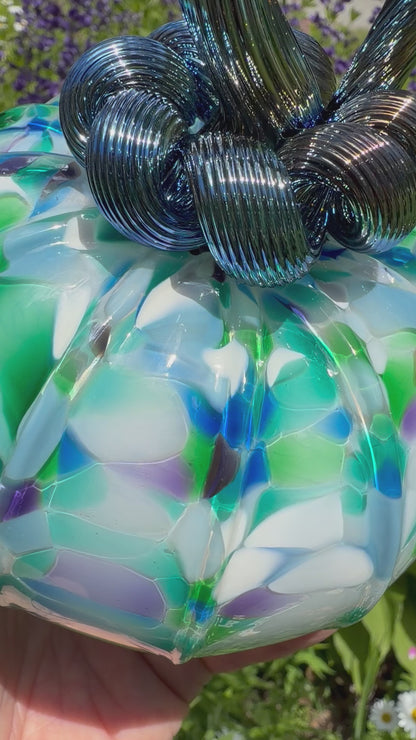 Monet Water Lilies Glass Pumpkin | Hand Blown Art Glass Pumpkin | Blue Green Lavender Fall Decor | Impressionist Inspired Autumn Decoration